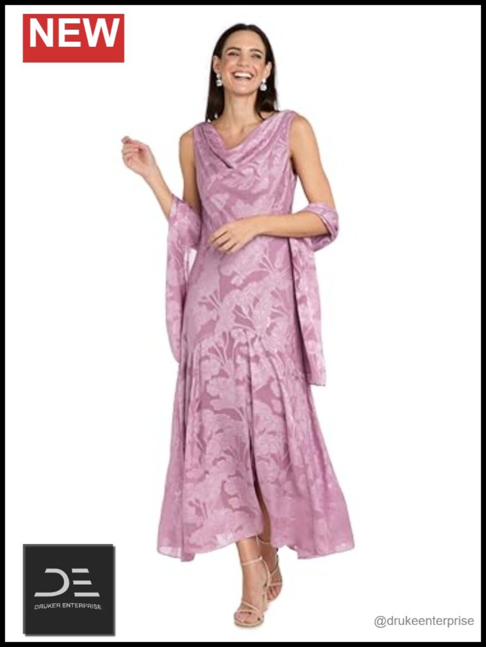 Elegant Chiffon Jacquard Midi Dress with Scarf Sleeveless Cowl Neck A-Line